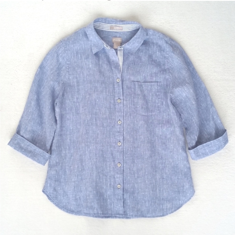 Chico's Womens Periwinkle Blue Linen 3/4 Sleeve Lightweight Button Down Blouse 0